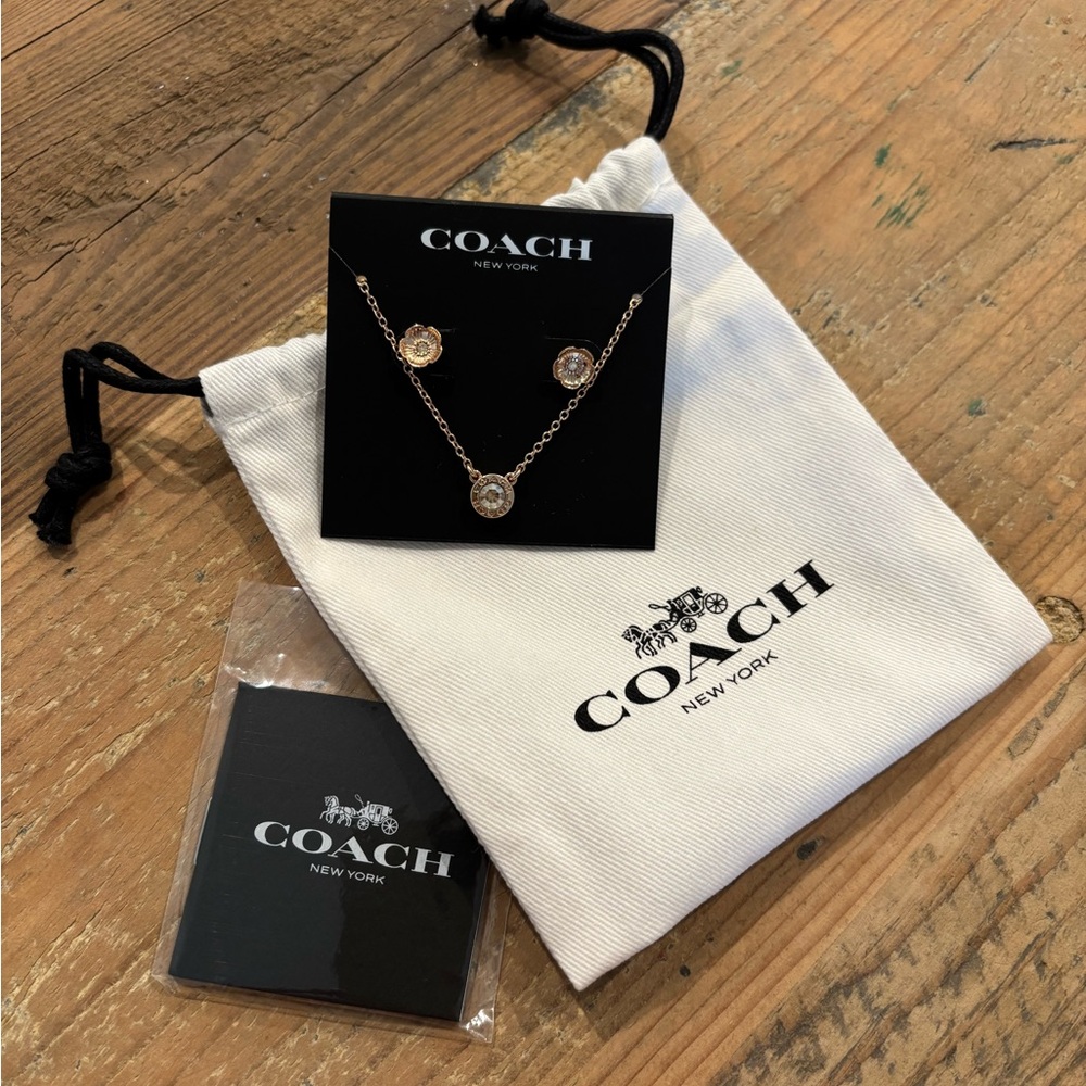 COACH Rose Gold Open Circle Necklace And Tea Rose Stud Earrings Set